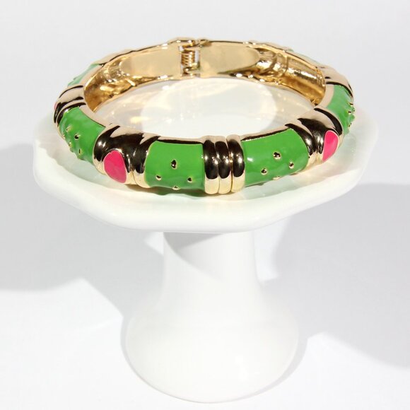 Vintage FORNASH Gold Tone w/ Green and Pink Enamel Bangle Bracelet 2.36" D - Picture 7 of 8